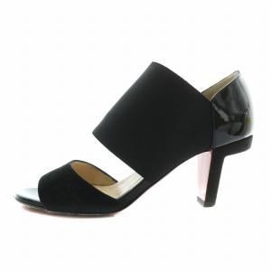 Christian Louboutin サンダル ミュール スエード エナメル オープントゥ チャンキーヒール 34.5 21.5cm 黒 ブラック
