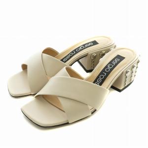 サンダル レザー オープントゥ スクエア チャンキーヒール スタッズ 34 21cm ベージュ /XZ