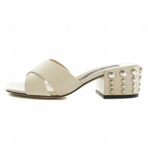 Sergio Rossi サンダル レザー オープントゥ スクエア チャンキーヒール スタッズ 34 21cm ベージュ /XZ