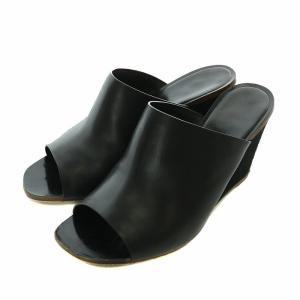 サンダル ミュール レザー スエード オープントゥ ウェッジソール 34.5 21.5cm 黒 ブラック