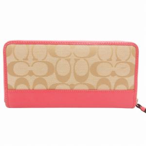 COACH シグネチャー 長財布 ウォレット ラウンドファスナー リボン キャンバス レザー ベージュ ピンク