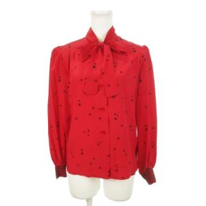 ヴィンテージ ボウタイ シャツ 長袖 シルク 絹 総柄 星柄 鳥 蝶 小さいサイズ 6 XS 赤 レッド