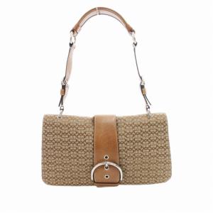 ショルダーバッグ シグネチャー バックル キャンバス レザー ベージュ 茶 ブラウン