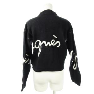 agnes b. コットンニットセーター ハイネック 長袖 ショート 二重編み インターシャ ロゴ 3 L 黒 ブラック