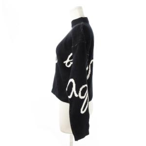 agnes b. コットンニットセーター ハイネック 長袖 ショート 二重編み インターシャ ロゴ 3 L 黒 ブラック