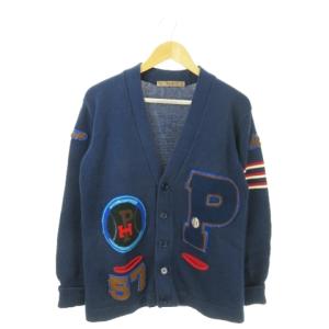 長袖カーディガン ニット コットン Vネック サガラ刺繍 野球 ベースボール ロゴ エルボーパッチ 紺