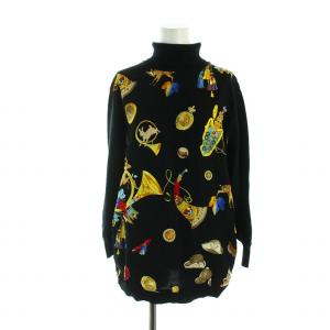 ヴィンテージ カットソー 長袖 ニット切替 タートルネック ハイネック ロゴ 総柄 M 黒 ブラック GY18