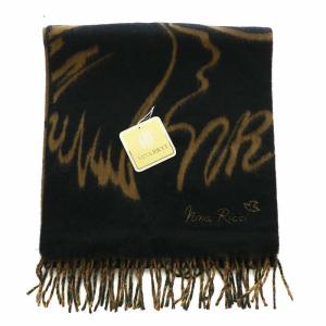 NINA RICCI マフラー ストール ウール フリンジ 総柄 ロゴ 刺繍 黒 ブラック 茶色 ブラウン /XZ GY11