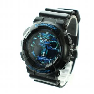 CASIO G-SHOCK 腕時計 ウォッチ クォーツ クロノグラフ デイト カレンダー付き ロゴ 青文字盤 黒 ブラック GA-100CB GY11
