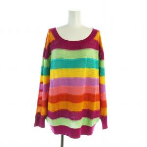 タグ付き ニット プルオーバー カットソー ローゲージ 長袖 ロゴ ボーダー カラフル L マルチカラー