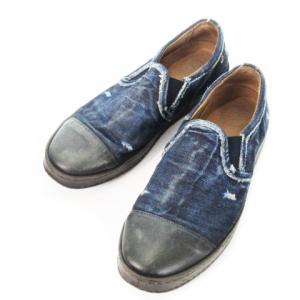DIESEL スリッポン スニーカー デニム レザー ローカット ダメージ加工 ウォッシュ加工 ボタンデザイン 43