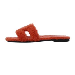 HERMES オラン フラット ボア サンダル シープスキン 38 オレンジ 212178ZF