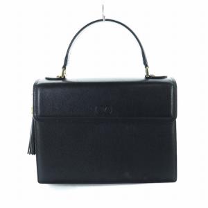 ヴィンテージ フォーマル ハンド バッグ ミニトート ゴールド金具 レザー フロントロゴ フリンジ タッセル 黒 ブラック