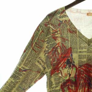 GALLIANO Tシャツ カットソー ロンT 長袖 ニュースペーパー 総柄 Vネック S マルチカラー GY17 /MQ