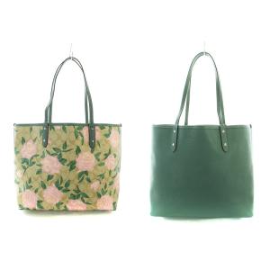 COACH トートバッグ リバーシブル シグネチャー バラ 花柄 PVC レザー ロゴ ポーチ付き 緑 グリーン F25874 GY18