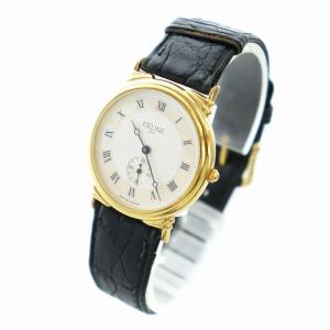 CELINE ジャンク品 腕時計 ウォッチ クォーツ スモセコ シェル文字盤 ローマン レザーベルト ゴールド色 黒 ブラック GY18
