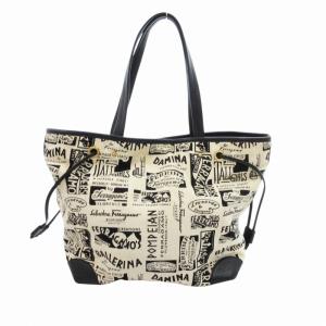 Salvatore Ferragamo トートバッグ ロゴ 総柄 キャンバス レザー 白 黒 ホワイト ブラック