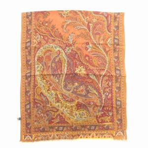 スカーフ 総柄 ペイズリー柄 ウール シルク フリンジ 茶 ブラウン GY18 /TZ