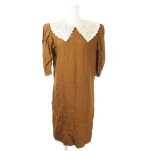 ヴィンテージ ひざ丈ワンピース 衿付き レースカラー 五分袖 肩パッド M10 茶 ブラウン /AO13