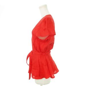 POLO RALPH LAUREN ブラウス シャツ カシュクール 半袖 リネン 麻 リボン LG 170/96A 赤 レッド