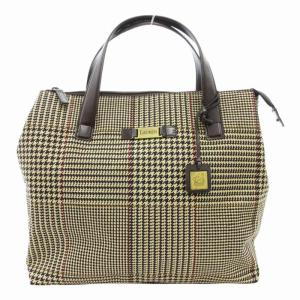ハンドバッグ トート 千鳥格子柄 ロゴプレート キャンバス 黒 ブラック ベージュ