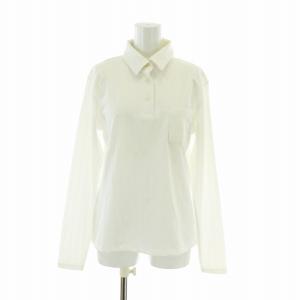 ポロシャツ ブラウス 長袖 ハーフボタン ストライプ柄 総柄 ロゴ 刺繍 白 ホワイト /XZ