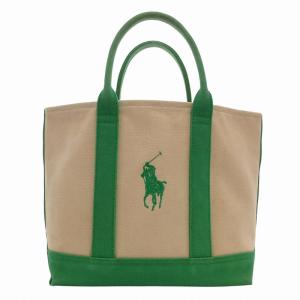ハンドバッグ トートバッグ キャンバス 手提げ ポニー刺繍 バイカラー 緑 グリーン ベージュ