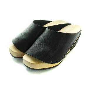 サンダル ウェッジソール ロゴ サボ レザー 36 23-23.5cm 黒 ブラック ベージュ HUT-WAW91