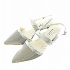 ビジュースタッズチュールパンプス レザー ポインテッドトゥ チャンキーヒール ストラップ 36 22.5cm シルバー色