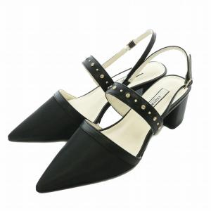 ビジュースタッズチュールパンプス レザー ポインテッドトゥ チャンキーヒール ストラップ 36 22.5cm