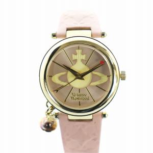 腕時計 クォーツ オーブ ロゴ ラウンド レザーベルト ゴールド色 ピンク VV006PKPK