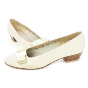 Salvatore Ferragamo BOUTIQUE ローヒールパンプス ラウンドトゥ レザー ヴァラリボン ワンポイント 5 22.5cm ベージュ