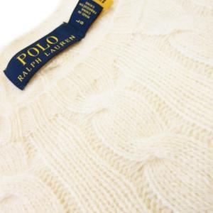POLO RALPH LAUREN ニット セーター ラウンドネック 丸首 長袖 ウール カシミヤ混 薄手 ケーブル編み ワンポイント ロゴ 刺繍 LG 白 アイボリー