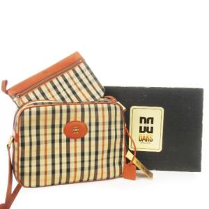 2点セット ショルダーバッグ キャンバス レザー ハウスチェック ポーチ付き ロゴ ベージュ /AH1