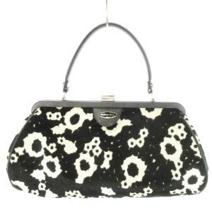 トレゾア ハンドバッグ がま口 ベロア ジャガード レザーハンドル 花柄 総柄 黒 ブラック /AH11