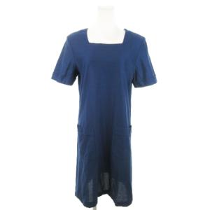 ヴィンテージ ワンピース ひざ丈 スクエアネック 半袖 コットン ストレッチ 肩パッド M 紺 ネイビー