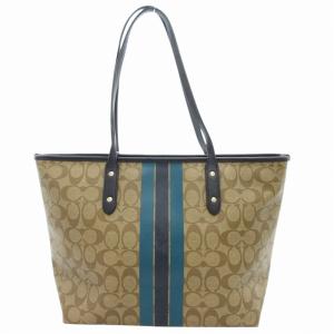 COACH F38405 Varsity ヴァーシティ シグネチャー ハンドバッグ トート ストライプ ロゴ PVC ベージュ 紺 ネイビー