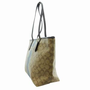 COACH F38405 Varsity ヴァーシティ シグネチャー ハンドバッグ トート ストライプ ロゴ PVC ベージュ 紺 ネイビー