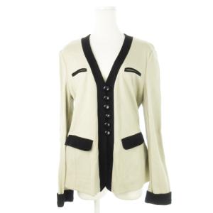 ノーカラージャケット Vカット ニット ストレッチ 配色 バイカラー 薄手 44 L グレージュ