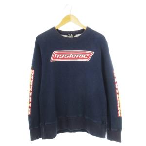 トレーナー スウェット ラウンドネック 丸首 長袖 裏毛 ヴィンテージ加工 プリント ロゴ S 紺 ネイビー