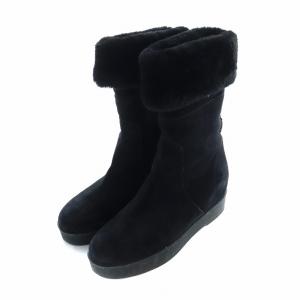 Salvatore Ferragamo FALCON 厚底ブーツ スエード サイドジップ ミドル ムートン ロゴ 6.5 24cm 黒 ブラック GY17