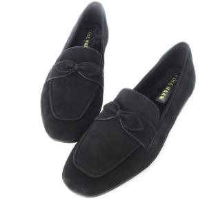 ローファー パンプス スエード ヨーク ボウ 内側ファー リボン 6.5 23.5 黒 ブラック W30342