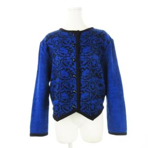 ヴィンテージ カーディガン ニット 長袖 フロント柄 インターシャ 切替 トリム M 青 ブルー /CK18