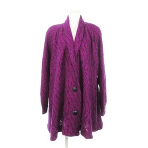 ヴィンテージ ニット ジャケット カーディガン ショールカラー Aライン レトロ ゆったり 総柄 M 紫 パープル