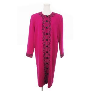 ヴィンテージ ノーカラージャケット ロング ウール 肩パッド 花柄刺繍 M ピンク