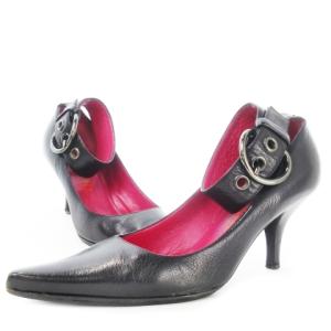 miumiu ハイヒールパンプス ポインテッドトゥ レザー 本革 ベルト 36 23.0cm 黒 ブラック ピンク /CK5