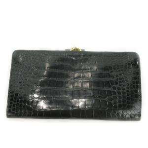 GUCCI ヴィンテージ 財布 ウォレット 長財布 三つ折り がま口 小銭入れ レザー 本革 ロゴ クロコ型押し 黒 ブラック