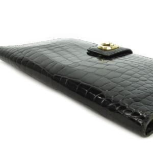 GUCCI ヴィンテージ 財布 ウォレット 長財布 三つ折り がま口 小銭入れ レザー 本革 ロゴ クロコ型押し 黒 ブラック