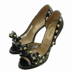 パンプス エナメル レース オープントゥ ハイヒール スタッズ リボン 35 22cm 黒 ブラック /XZ