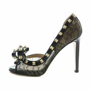 VALENTINO GARAVANI パンプス エナメル レース オープントゥ ハイヒール スタッズ リボン 35 22cm 黒 ブラック /XZ